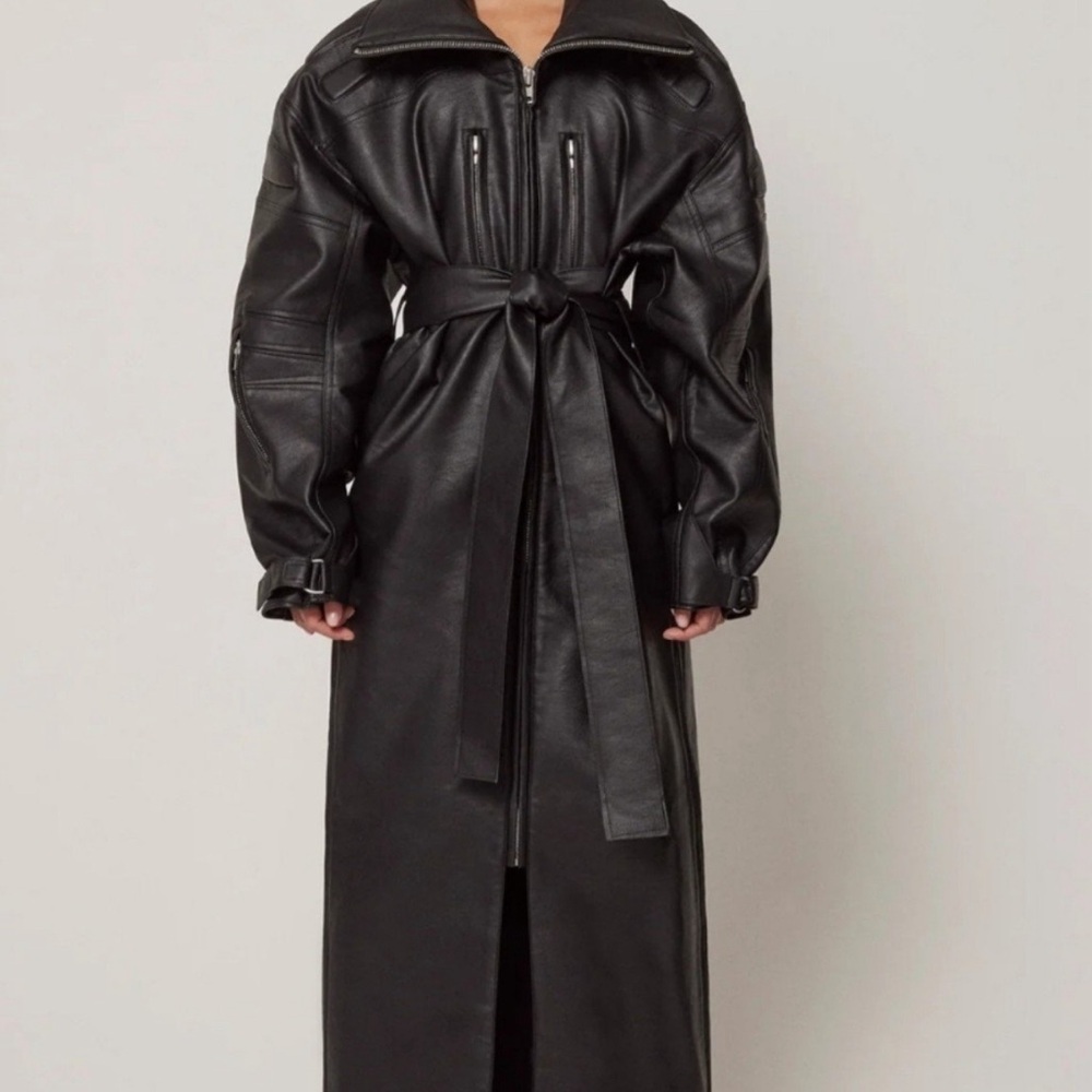 Khy and Kylie Jenner Black Moto faux Leather Jacket with High Collar and Belt